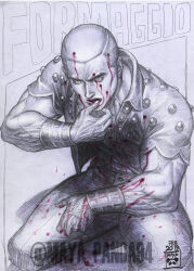 Rule 34 | 1boy, blood, blood on face, bullet, buzz cut, formaggio, greyscale, highres, jojo no kimyou na bouken, licking blood, male focus, maya panda, monochrome, muscular, muscular male, short hair, solo, spot color, squatting, veins, veiny arms, vento aureo, very short hair, wiping blood, wiping mouth