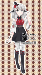 Rule 34 | 1girl, absurdres, belt, black wings, boots, chiem, chiem (vtuber), closed mouth, full body, grey eyes, hat, highres, indie virtual youtuber, looking at viewer, mini hat, nail polish, neck ribbon, ribbon, skirt, solo, striped clothes, striped thighhighs, thighhighs, twitter username, two side up, vertical-striped clothes, vertical-striped thighhighs, virtual youtuber, wings