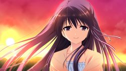 Rule 34 | 1girl, arihara nodoka, game cg, narumi suzune, purple eyes, purple hair, sunset, tojita sekai no tori colony