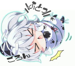 Rule 34 | &gt; &lt;, 1girl, :&lt;, ^^^, blush stickers, bound, chibi, closed eyes, female focus, futon, hat, hat ribbon, milkpanda, mononobe no futo, open mouth, paw print, ponytail, pun, ribbon, silver hair, solo, surprised, tears, tied up (nonsexual), touhou, translation request, wrapped up