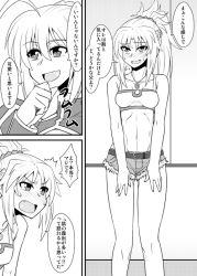 Rule 34 | 2girls, ahoge, artoria pendragon (all), artoria pendragon (fate), bare arms, bare shoulders, belt, blush, breasts, camisole, comic, cowboy shot, fate/apocrypha, fate/grand order, fate (series), greyscale, hair ornament, jewelry, long hair, medium breasts, mitsurugi tsurugi, monochrome, mordred (fate), mordred (fate/apocrypha), mordred (memories at trifas) (fate), multiple girls, necklace, open mouth, pendant, ponytail, saber (fate), shorts, simple background, teeth, translation request, white background