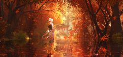 Rule 34 | 1girl, absurdres, architecture, arms at sides, autumn, autumn leaves, blush, bush, day, east asian architecture, english text, falling leaves, floral print, forest, hair between eyes, hair bun, highres, japanese clothes, kimono, landscape, leaf, lifeline (a384079959), long sleeves, maple leaf, maple tree, nature, obi, original, outdoors, plant, pond, print kimono, reflection, reflective water, sash, scenery, short hair, shrine, sidelocks, solo, stairs, tree, walking, white hair, white kimono, wide shot, wide sleeves