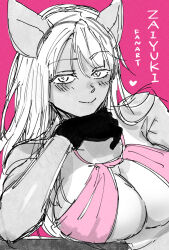 1girl animal_ears bikini black_gloves blush breasts cleavage copyright_name emergency_exi10 english_text gloves half-closed_eyes hand_on_own_chin head_rest heart highres large_breasts leaning_on_object light_smile limited_palette long_hair looking_at_viewer messy_hair partially_colored pig_ears pig_girl pink_background pink_bikini pink_theme portrait rose_(zaiyuki) seductive_smile sideboob sketch smile solo swept_bangs swimsuit tan tanline three_quarter_view zaiyuki