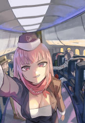 Rule 34 | 1girl, 3boys, absurdres, aircraft, airplane, airplane interior, among us, arm up, blunt bangs, breasts, bruno bucciarati, character request, cleavage, crewmate (among us), crossover, flight attendant, grin, hat, highres, hololive, hololive english, jojo no kimyou na bouken, joseph joestar, joseph joestar (old), kakyoin noriaki, kouhiipan, large breasts, long hair, looking at viewer, mori calliope, multiple boys, notorious b.i.g. (stand), pink hair, red eyes, red scarf, scarf, selfie, smile, solo focus, stand (jojo), taking picture, time paradox, travel attendant, v, virtual youtuber