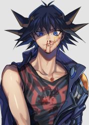 Rule 34 | 1boy, black hair, black shirt, blonde hair, blood, blood on clothes, blood on face, blood stain, blue eyes, blue jacket, collarbone, commentary request, fudo yusei, jacket, looking at viewer, male focus, multicolored hair, nosebleed, off shoulder, parted lips, print shirt, shiny skin, shirt, short hair, simple background, sleeveless, sleeveless shirt, solo, spiked hair, streaked hair, torinomaruyaki, two-tone hair, upper body, white background, yu-gi-oh!, yu-gi-oh! 5d&#039;s