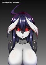 Rule 34 | 1girl, ahoge, black sclera, blue hair, breasts, colored sclera, colored skin, commentary, dream demon, english commentary, english text, glowing, glowing eyes, grey background, grey skin, large breasts, long hair, looking at viewer, monster girl, multicolored hair, multicolored skin, original, out-of-frame censoring, parted lips, red eyes, sharp teeth, simple background, solo, teeth, upper body, white hair