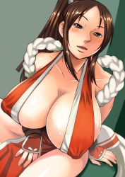 Rule 34 | 1girl, breasts, brown eyes, brown hair, cleavage, covered erect nipples, fatal fury, huge breasts, kokuriu, long hair, looking at viewer, parted lips, pelvic curtain, ponytail, shiny skin, shiranui mai, smile, solo, the king of fighters, thighs