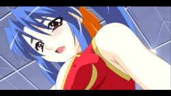 Rule 34 | 1girl, ainos, animated, animated gif, blue hair, bouncing breasts, breasts, brown eyes, cleavage, covered erect nipples, open mouth, poko poko gunshou 2
