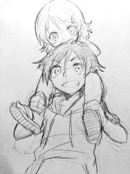 Rule 34 | 1boy, 1girl, ankle grab, brother and sister, carrying, child, clenched teeth, graphite (medium), greyscale, grin, hair ornament, hairclip, hands on another&#039;s head, hood, hoodie, kousaka kirino, kousaka kyousuke, leaning on person, monochrome, open mouth, ore no imouto ga konna ni kawaii wake ga nai, piggyback, sandals, short hair, shoulder carry, siblings, sketch, smile, sudachi (calendar), teeth, traditional media, aged down