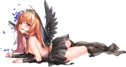 Rule 34 | 1girl, ahoge, ass, bare shoulders, black choker, black dress, black thighhighs, black veil, black wings, blue flower, blue gemstone, blue nails, blue petals, blue rose, blush, breasts, bumcha, choker, collar, defeat, detached sleeves, dress, fingernails, floral print, flower, full body, gem, hair flower, hair ornament, heart, heart collar, highres, huge ahoge, injury, lace, lace choker, lace sleeves, last origin, long hair, looking at viewer, magical girl, medium breasts, momo (last origin), multicolored nails, nail polish, official alternate costume, official art, on ground, open mouth, orange hair, petals, pink collar, pink nails, red eyes, ribbon, rose, rose petals, rose print, see-through, see-through dress, see-through sleeves, sharp fingernails, simple background, solo, tachi-e, tears, thick thighs, thighhigh dangle, thighhighs, thighs, torn clothes, torn dress, torn thighhighs, transparent background, veil, wings