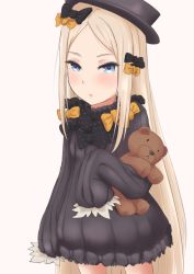 Rule 34 | 1girl, abigail williams (fate), black bow, black dress, black hat, blue eyes, blush, bow, bug, butterfly, closed mouth, commentary, dress, fate/grand order, fate (series), hair bow, hands in opposite sleeves, hat, hugging object, insect, light brown hair, long hair, long sleeves, looking at viewer, orange bow, parted bangs, polka dot, polka dot bow, sam desu, solo, stuffed animal, stuffed toy, teddy bear, very long hair