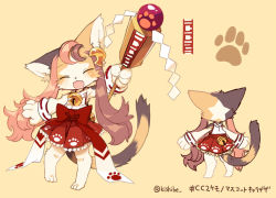 Rule 34 | animal ears, artist name, bell, bracelet, brown hair, cat, cat ears, cat tail, fang, full body, furry, holding, jewelry, kishibe, long hair, multicolored hair, multiple views, official art, open mouth, paw print, pink hair, sengoku puzzle, shinya (sengoku puzzle), skirt, sleeveless, tail, two-tone hair, very long hair, whiskers