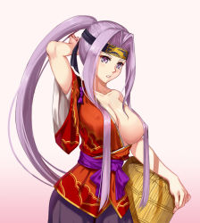 Rule 34 | 1girl, alternate costume, arm behind head, basket, blush, breasts, cosplay, covered erect nipples, fate/grand order, fate (series), hair censor, hair over one breast, headband, japanese clothes, large breasts, light blush, long hair, looking at viewer, medusa (fate), medusa (rider) (fate), nichts (nil), off shoulder, one breast out, ponytail, purple eyes, purple hair, sidelocks, solo, tawara touta (fate), tawara touta (fate) (cosplay), very long hair