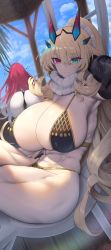 Rule 34 | 2girls, abs, absurdres, ass, bikini, black bikini, blonde hair, blue sky, breasts, cloud, day, barghest (fate), fairy knight gawain (ice warrior) (fate), baobhan sith (fate), fate/grand order, fate (series), gauntlets, green eyes, heterochromia, highres, huge breasts, long hair, multiple girls, muscular, muscular female, outdoors, palm tree, ponytail, red eyes, red hair, shiroshisu, single gauntlet, sky, solo focus, swimsuit, tree, very long hair