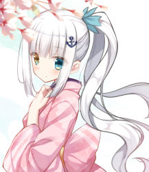 Rule 34 | 1girl, anchor hair ornament, blue bow, blue eyes, blurry, blurry foreground, blush, bow, brown eyes, cariboy, closed mouth, commentary request, depth of field, fingernails, floral print, flower, hair bow, hair ornament, hand up, heterochromia, high ponytail, highres, japanese clothes, kagura mea, kagura gumi, kimono, long hair, long sleeves, looking at viewer, looking to the side, pink kimono, ponytail, print kimono, sidelocks, silver hair, smile, solo, upper body, very long hair, virtual youtuber, white flower