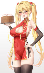 Rule 34 | 1girl, :d, absurdres, armpits, bamboo steamer, baozi, bare shoulders, biya (1024), black thighhighs, blonde hair, breasts, breath, china dress, chinese clothes, cleavage, cleavage cutout, clothing cutout, cowboy shot, detached sleeves, dress, earrings, fang, food, gold trim, hair ornament, hand on own hip, hand up, highres, hoop earrings, jewelry, large breasts, long hair, long sleeves, looking at viewer, no bra, no panties, open mouth, original, pelvic curtain, red dress, red eyes, sidelocks, simple background, sleeveless, sleeveless dress, smile, solo, standing, sweat, thighhighs, thighs, tongue, tongue out, twintails, very long hair, white background
