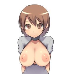 Rule 34 | 1girl, aaaa (quad-a), bad id, bad pixiv id, blush, breastless clothes, breasts, brown eyes, brown hair, collarbone, female focus, framed breasts, large areolae, large breasts, looking at viewer, matching hair/eyes, nipples, open clothes, open shirt, original, shirt, short hair, simple background, solo, turtleneck, upper body, white background
