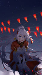 Rule 34 | 1girl, :d, blue eyes, chinese clothes, chinese new year, gloves, hair ornament, highres, honkai (series), honkai impact 3rd, jin yun, kiana kaslana, lantern, looking at viewer, night, night sky, open mouth, outdoors, ponytail, signature, sky, smile, solo, star (sky), starry sky, white gloves, white hair