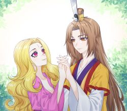Rule 34 | 1boy, 1girl, blonde hair, breasts, brown hair, chinese clothes, cleavage, coat, couple, curly hair, eye contact, face-to-face, green background, grin, hair intakes, hand up, hanfu, highres, holding hands, huyao xiao hongniang, interlocked fingers, kumu zaisheng, layered sleeves, leaf, long hair, long sleeves, looking at another, medium breasts, orange eyes, parted bangs, pink shirt, purple eyes, qingtong, scar, scar on face, shirt, short over long sleeves, short sleeves, shufa guan, smile, upper body, wangquan fugui, white background, wide sleeves, yellow coat