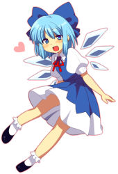 Rule 34 | 1girl, :d, bad id, bad pixiv id, blue eyes, blue hair, blush, bow, cirno, dress, fang, hair bow, heart, matatabi maru, matching hair/eyes, open mouth, short hair, simple background, smile, solo, touhou, white background, wings