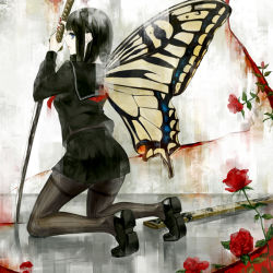 Rule 34 | 1girl, black pantyhose, black skirt, blood, bug, butterfly, butterfly wings, flower, from behind, holding, insect, insect wings, katana, kneeling, kunimura hakushi, leaf, long sleeves, looking at viewer, looking back, miniskirt, nail polish, original, pantyhose, plant, pleated skirt, red flower, red rose, rose, school uniform, serafuku, sheath, shoes, skirt, solo, striped clothes, striped pantyhose, sword, thighband pantyhose, vertical-striped clothes, vertical-striped pantyhose, weapon, wings