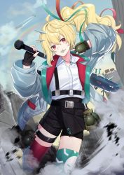 Rule 34 | belt, black belt, black shorts, blonde hair, blue jacket, cloud, collared shirt, commentary, english commentary, explosive, grenade, highres, holding, holding grenade, idol corp, jacket, long hair, nikki rei, nikki rei (nikki 1.0), nyori, rainbow, second-party source, shirt, shirt tucked in, shorts, side ponytail, sky, suspenders, thigh strap, thighhighs, virtual youtuber, white shirt