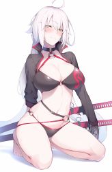 Rule 34 | 1girl, ahoge, asymmetrical sleeves, bikini, black bikini, black jacket, blush, breasts, choker, cleavage, commentary request, cropped jacket, enosan, eyes visible through hair, fate/grand order, fate (series), hair between eyes, highres, jacket, jeanne d&#039;arc alter (swimsuit berserker) (fate), jeanne d&#039;arc (fate), jeanne d&#039;arc alter (fate), jeanne d&#039;arc alter (swimsuit berserker) (fate), katana, large breasts, long hair, looking at viewer, navel, o-ring, pale skin, sheath, sheathed, shrug (clothing), simple background, sitting, solo, stomach, swimsuit, sword, thighs, uneven sleeves, very long hair, weapon, yellow eyes