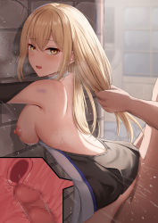 Rule 34 | 1boy, 1girl, aiz wallenstein, bare shoulders, blonde hair, blush, breasts, censored, clothed female nude male, clothed sex, cross-section, doggystyle, dress, drugged, dungeon ni deai wo motomeru no wa machigatteiru darou ka, elbow gloves, eyebrows, gloves, grabbing another&#039;s hair, hetero, highres, kanata (kanade pa), large breasts, long hair, looking at viewer, mosaic censoring, motion lines, needle mark, nipples, nude, open mouth, penis, sex, sex from behind, sideboob, solo focus, steam, sweat, uterus, vaginal, yellow eyes
