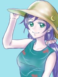 Rule 34 | 1girl, artist name, artist request, ashsha, bare shoulders, blue sky, blush, brown hat, cloud, collarbone, female focus, green eyes, green shirt, hair ornament, hair scrunchie, hat, holding, holding clothes, holding hat, long hair, looking at viewer, love live!, love live! school idol project, moon symbol, outdoors, parted lips, pink scrunchie, purple hair, scrunchie, shirt, sky, smile, solo, tojo nozomi, twintails