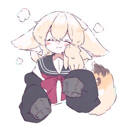 Rule 34 | 1girl, :3, :t, animal, animal ears, black jacket, black sailor collar, blonde hair, blush, bow, closed eyes, closed mouth, commentary request, creature and personification, double bun, fennec fox, fox ears, fox girl, fox tail, hair between eyes, hair bun, highres, holding, holding animal, jacket, large ears, long sleeves, medium hair, megateru, nuzzle, off shoulder, open clothes, open jacket, original, puffy long sleeves, puffy sleeves, red bow, red eyes, sailor collar, school uniform, serafuku, shirt, simple background, sleeves past fingers, sleeves past wrists, tail, upper body, white background, white shirt