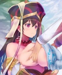Rule 34 | 1boy, 1girl, asahi (fullmetal madness), bare shoulders, blush, grabbing another&#039;s breast, breasts, brown hair, earrings, fate/grand order, fate (series), grabbing, hat, hetero, hoop earrings, huge breasts, jewelry, long hair, looking at another, necklace, paizuri, paizuri under clothes, penis under another&#039;s clothes, perpendicular paizuri, red eyes, xuangzang sanzang (fate)