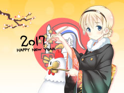 Rule 34 | 1girl, 2017, 506th joint fighter wing (emblem), a9b (louis814), bird, black coat, black hairband, blonde hair, blue eyes, blush, braid, calligraphy brush, cherry blossoms, chicken, chinese zodiac, closed mouth, coat, emblem, english text, hairband, happy new year, highres, holding, inkwell, japanese clothes, kimono, light smile, looking at viewer, new year, paintbrush, rooster, rosalie de hemricourt de grunne, solo, standing, strike witches, upper body, world witches series, writing, year of the rooster