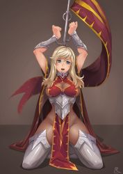 Rule 34 | 1girl, :o, armor, arms up, bad id, bad pixiv id, bdsm, blonde hair, blue eyes, blush, bodysuit, bondage, boots, bound, bound wrists, breastplate, breasts, cape, chain, cleavage, cleavage cutout, clenched hands, clothing cutout, covered erect nipples, dated, fantasy, female focus, fishnets, flag, gem, gorget, greaves, grey background, highres, hip focus, kneeling, large breasts, legs apart, long hair, looking at viewer, md5 mismatch, no bra, no panties, open mouth, original, pelvic curtain, rebe11, resolution mismatch, shadow, sideboob, signature, simple background, solo, standard bearer, thigh boots, thighhighs, thighs, vambraces