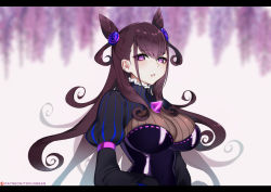 Rule 34 | 1girl, black dress, blush, breasts, brown hair, collar, cone hair bun, double bun, dress, fate/grand order, fate (series), frilled collar, frills, gem, hair between eyes, hair bun, hair ornament, large breasts, letterboxed, long hair, long sleeves, looking at viewer, murasaki shikibu (fate), parted lips, puffy long sleeves, puffy sleeves, purple eyes, solo, striped, tofuubear, two side up, upper body, vertical stripes, very long hair