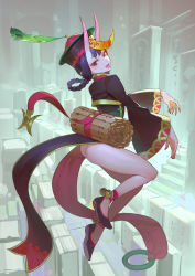 Rule 34 | 1girl, ankle bell, ass, bell, black dress, black footwear, bob cut, china dress, chinese clothes, dress, eyeshadow, fate/grand order, fate (series), female focus, from side, full body, highres, horns, jiangshi, jingle bell, legs, long sleeves, makeup, nail polish, no panties, ofuda, oni, outstretched arms, peacock feathers, pelvic curtain, purple eyes, purple hair, short eyebrows, short hair, shuten douji (fate), shuten douji (festival outfit) (fate), skin-covered horns, solo, thighs, timbougami, tongue, tongue out, wide sleeves, zombie pose