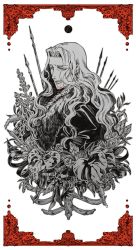 Rule 34 | 1boy, artist request, bad id, bad twitter id, beard, blood, facial hair, fate/apocrypha, fate/grand order, fate (series), flower, formal, long hair, looking at viewer, male focus, monochrome, polearm, short hair, simple background, solo, spear, vlad iii (fate/apocrypha), weapon, white background