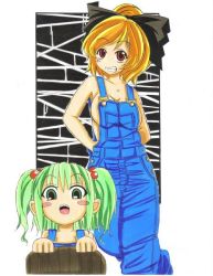 Rule 34 | 2girls, alternate costume, blonde hair, blush, blush stickers, bow, breasts, bucket, cleavage, collarbone, crim0718, female focus, green eyes, green hair, grin, hair bobbles, hair bow, hair ornament, in bucket, in container, kisume, kurodani yamame, multiple girls, mutsunari (crim0718), naked overalls, open mouth, overalls, red eyes, short hair, sleeveless, smile, touhou, twintails