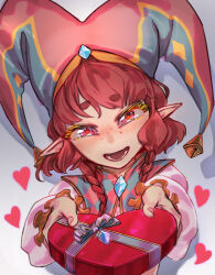 Rule 34 | 1girl, absurdres, bell, blush, braid, candy, chocolate, chocolate heart, crystal, diamond-shaped pupils, diamond (shape), eyelashes, food, freckles, heart, highres, jester, original, pink eyes, pointy ears, pov, red hair, short eyebrows, simple background, symbol-shaped pupils, twin braids, valentine, virtual youtuber, zacarin hobbiton