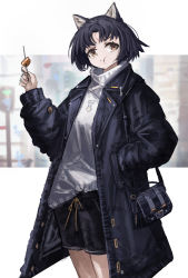 Rule 34 | 1girl, :t, animal ear fluff, animal ears, arknights, bag, black hair, black jacket, black shorts, brown eyes, closed mouth, commentary, dog ears, eating, english commentary, facial mark, food, forehead mark, franlol, hand in pocket, handbag, highres, holding, holding food, jacket, long sleeves, looking at viewer, open clothes, open jacket, parted bangs, puffy long sleeves, puffy sleeves, saga (arknights), shirt, short hair, short shorts, shorts, shoulder bag, solo, white shirt