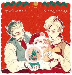 Rule 34 | 1girl, 2boys, ace attorney, blonde hair, christmas, christmas tree, closed eyes, collared shirt, hair pulled back, herlock sholmes, highres, holding, iris wilson, long sleeves, looking at another, looking at object, male focus, minko ddl, multiple boys, open mouth, pink hair, red ribbon, ribbon, shirt, short hair, smile, snow globe, sparkle, the great ace attorney, vest, yujin mikotoba