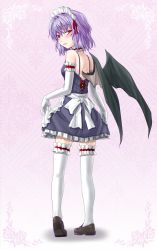 Rule 34 | 1girl, alternate costume, back, bad id, bad pixiv id, bat wings, blush, elbow gloves, enmaided, female focus, gloves, looking at viewer, maid, maid headdress, purple hair, red eyes, remilia scarlet, shoes, short hair, solo, sumeragi seisuke, thighhighs, touhou, white gloves, white thighhighs, wings
