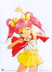 Rule 34 | 1990s (style), 1girl, arm up, chikanaga sanae, child, cloak, closed mouth, cowboy shot, green eyes, hair ribbon, highres, idol tenshi youkoso youko, long hair, looking at viewer, non-web source, one eye closed, pink hair, red cloak, retro artstyle, ribbon, simple background, skirt, smile, solo, tanaka youko, twintails, white background, wink, yellow ribbon, yellow skirt