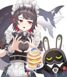 1girl apron bangboo_(zenless_zone_zero) belt black_belt black_dress black_hair blueberry colored_inner_hair dress ellen_joe fins fish_tail food fruit heart heart_hands highres lucio_(luci0_52) maid maid_headdress multicolored_hair pancake puffy_short_sleeves puffy_sleeves red_eyes red_hair shark_tail short_sleeves tail waist_apron white_apron zenless_zone_zero