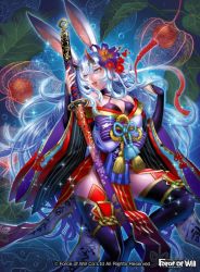 Rule 34 | 1girl, animal ears, ayu (force of will), blue eyes, blue hair, breasts, rabbit ears, cleavage, company name, flower, force of will, hair flower, hair ornament, horns, japanese clothes, katana, leaf, long hair, misa tsutsui, nail polish, official art, open mouth, solo, sword, teeth, thighhighs, weapon, white hair