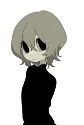 Rule 34 | 1girl, black eyes, black shirt, closed mouth, dot nose, grey hair, greyscale, hair between eyes, highres, looking at viewer, monochrome, no pupils, original, panda23577667, shirt, simple background, solo, turning head, upper body, white background