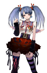 Rule 34 | 1girl, black gloves, blue hair, blush, bow, bustier, collar, corset, earrings, fluffy, frills, gloves, hair ribbon, jewelry, long hair, looking at viewer, open mouth, original, pink thighhighs, red eyes, red skirt, ribbon, sidelocks, simple background, skirt, solo, striped clothes, striped thighhighs, thighhighs, tsukioka tsukiho, twintails, white background, wings