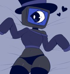Rule 34 | bed sheet, blush, breasts, choker, cypher the computer, hat, heart, large breasts, looking to the side, medium breasts, object head, on bed, one-eyed, original, panties, sataen, sweater, teasing, thighhighs, thighs, top hat, underwear