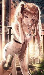 Rule 34 | 1girl, 1other, bent over, bird, breasts, brown hair, building, cable, canister, cloud, cloudy sky, collarbone, evening, hair ornament, hairclip, hand on leg, highres, jjuha6, leaf, leaning forward, lens flare, long hair, looking at viewer, medium breasts, original, outdoors, outstretched hand, pants, plant, railing, red eyes, sky, sports bra, star (sky), starry sky, sun, sunlight, sweat, track pants, twintails