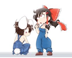 Rule 34 | animal ears, backless outfit, blush, bow, breasts, rabbit ears, rabbit tail, cleavage, hair bow, hair tubes, hakurei reimu, inaba tewi, long hair, naked overalls, nanigashi yakko, overalls, playing with own hair, red eyes, short hair, sideboob, small breasts, suspenders, tail, touhou