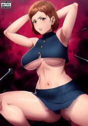 Rule 34 | 1girl, armpits, arms behind head, arms up, artist logo, artist name, black panties, blue skirt, breasts, brown eyes, brown hair, crop top, feet out of frame, female focus, gluteal fold, highres, jujutsu kaisen, kugisaki nobara, large breasts, lips, looking at viewer, midriff, miniskirt, nail, navel, no bra, ohdax, panties, pantyshot, parted lips, pleated skirt, shiny skin, short hair, skirt, sleeveless, solo, spread legs, squatting, teeth, thick thighs, thighs, underwear